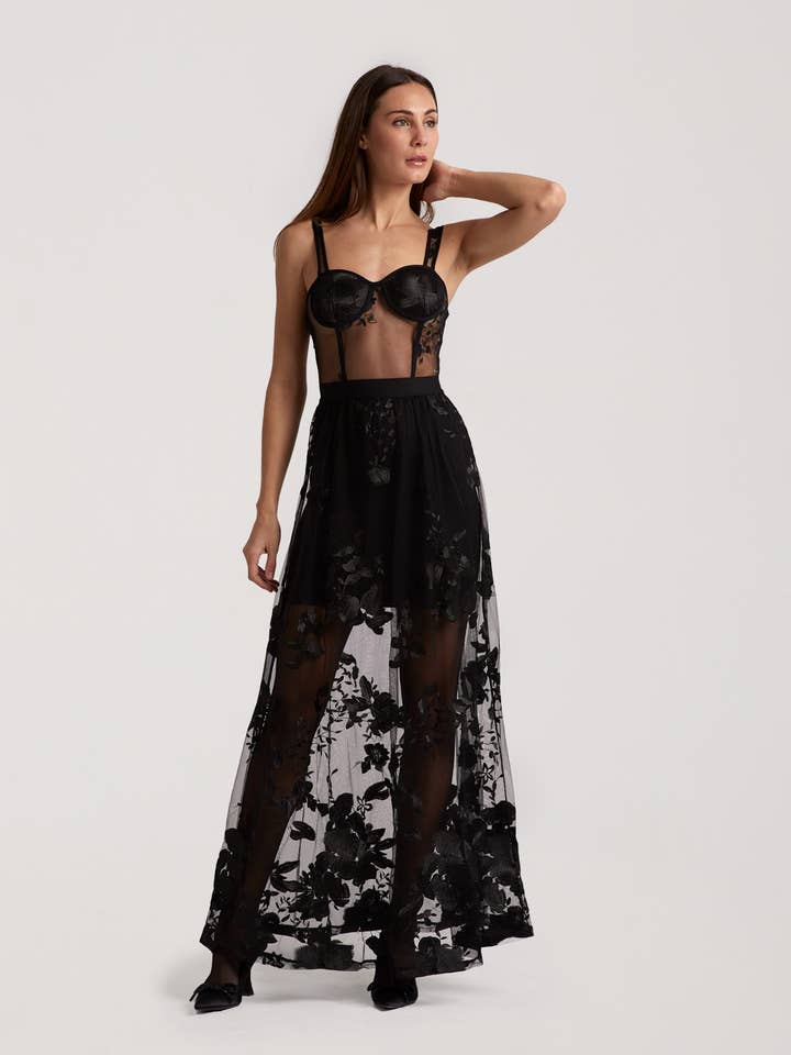 Madison Black Long Dress with Veiled & Detailed Fabric para venta al por mayor de SOHUMAN