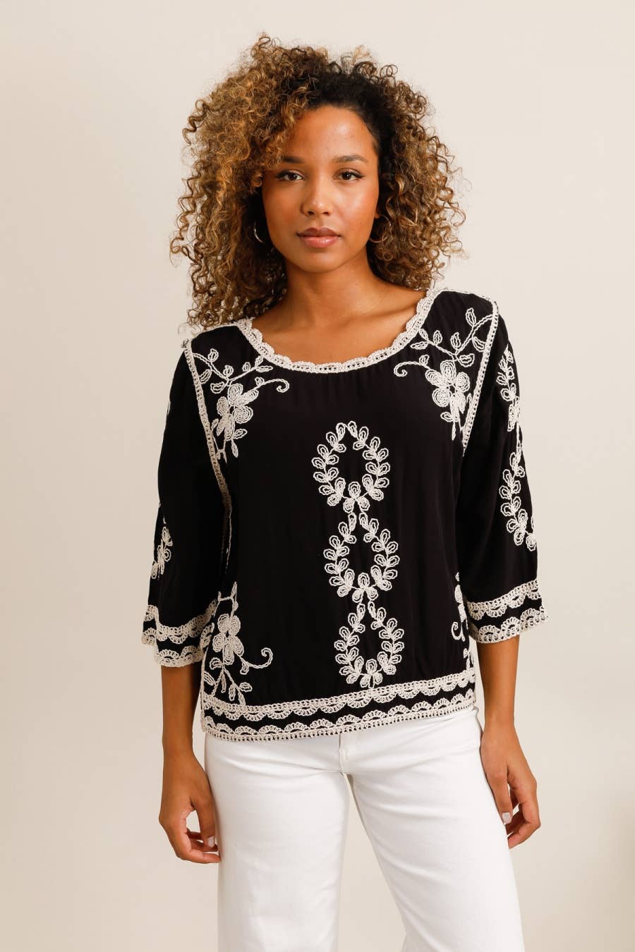 DIX-ONZE - Wholesale T-Shirt - Women's - Embroidered Top with 3/4 Sleeves – Lace Trim0