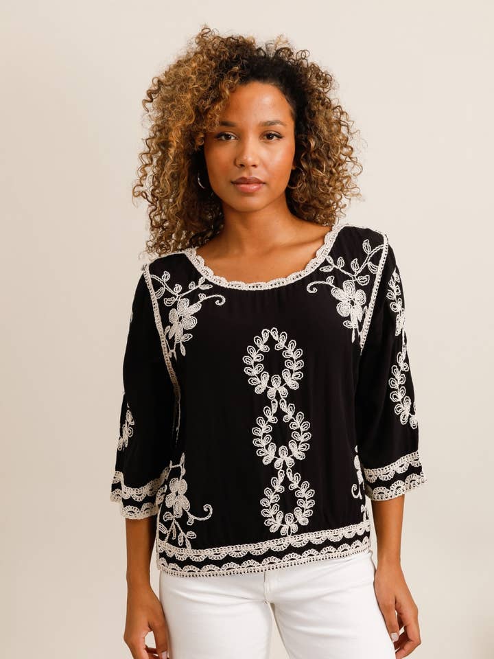 DIX-ONZE - Wholesale T-Shirt - Women's - Embroidered Top with 3/4 Sleeves – Lace Trim0