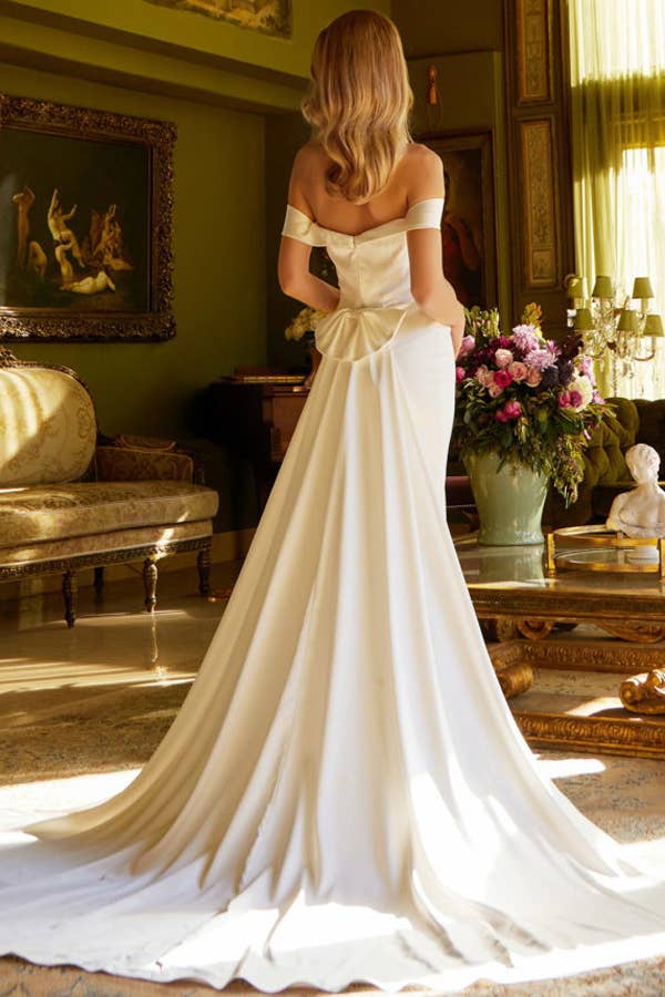 IVORY Off Shoulder Bow Back Pleated Wedding Dress for wholesale on Faire1