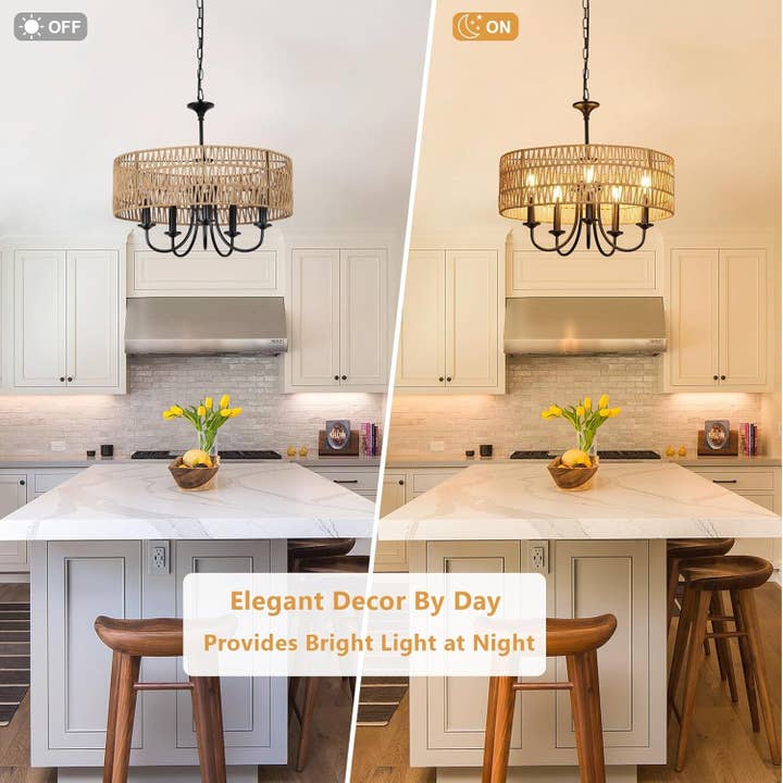 Modern Farmhouse Chandelier Light Fixtures, 5-Lights Large Rattan Pendant Lighting with Hand Woven Wicker Shade, Boho Black Chandeliers for Dining Room Living Room Kitchen Island Bedroom for wholesale on Faire