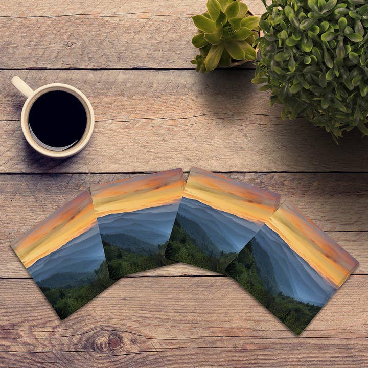 Blue Ridge Mountains Sunset Coaster absorberend geribbeld keramiek met kurken achterkant voor wholesale door Mill Wood Art