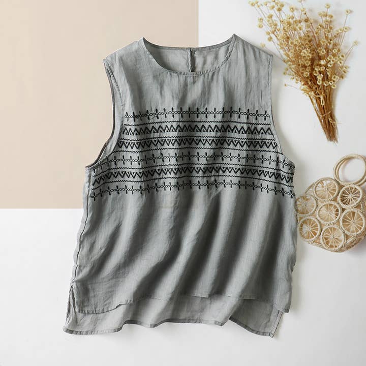 Hope & Sunshine - Wholesale Blouse - Women's - Embroidered Ramie Sleeveless Top
