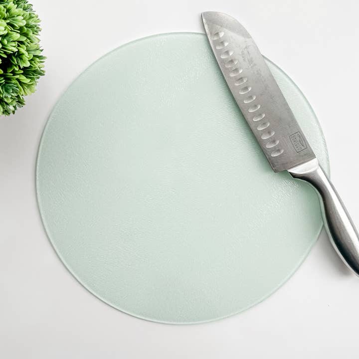 Custom Logo or Design -Round Glass Cutting Charcuterie Board for wholesale by Dusty & Delilah Designs