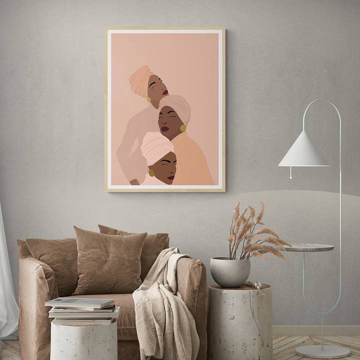 Søster Kærlighed vægkunst, mangfoldighed sort kunsttryk, boligindretning for engroshandel hos Studio Saba