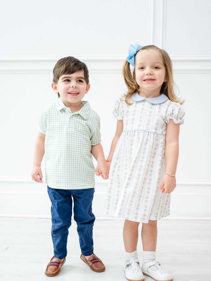 Ruth and Ralph - Wholesale T-Shirt - Kids - Green Gingham Pima Shep Polo