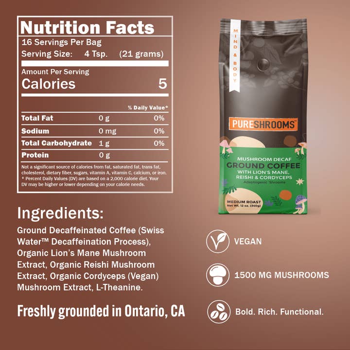 PureShrooms Inc. - Wholesale Ground Coffee - PureShrooms Swiss Water Decaf Mushroom Ground Coffee7