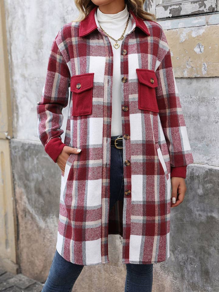 Suhkasana - Wholesale Shirt Jacket/Shacket - Women's - Plaid Shirt Jacket for Women - Long Button Front Coat5