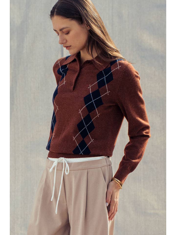 Urban Daizy - Vente Pull en maille – femme - Pull Polo Tricoté à Motif Argyle Classique2