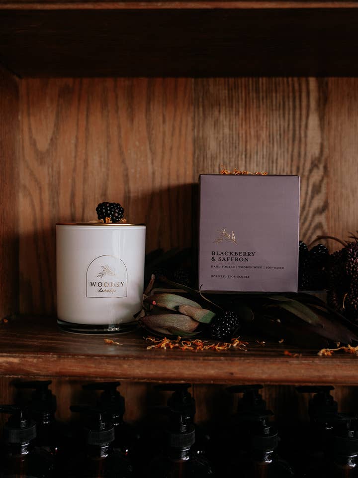 Blackberry & Saffron l Gold Lid Candle & Boutique Box for wholesale by Woodsy Homelife