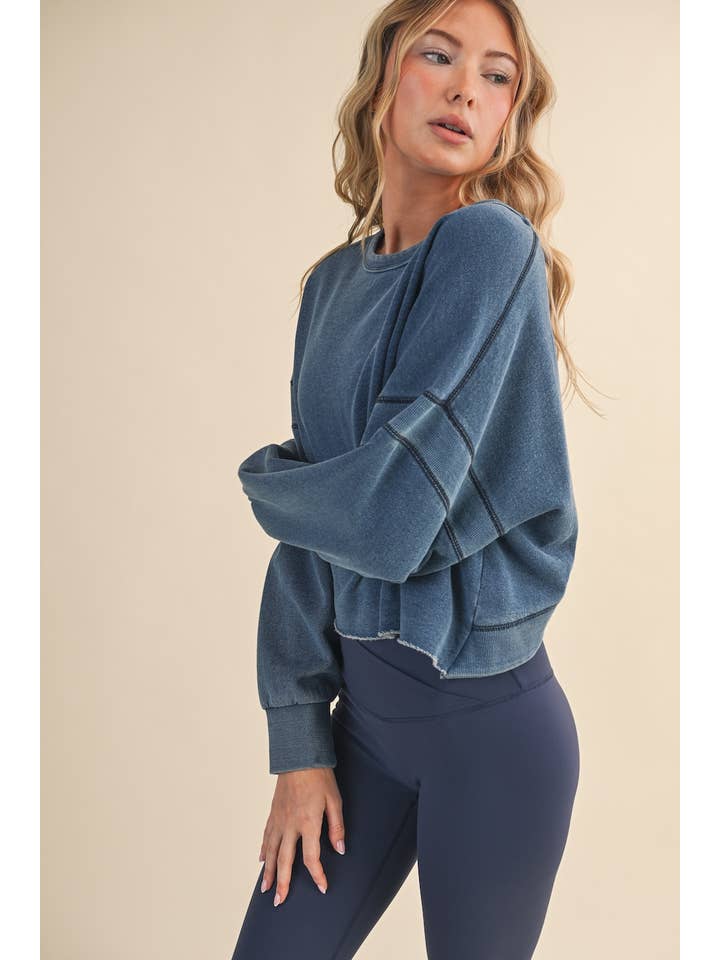 KIMBERLY C - Wholesale Athletic Top - Women's - Denim Wash Cutout Back Layering Fleece-Lined Sweatshirt7