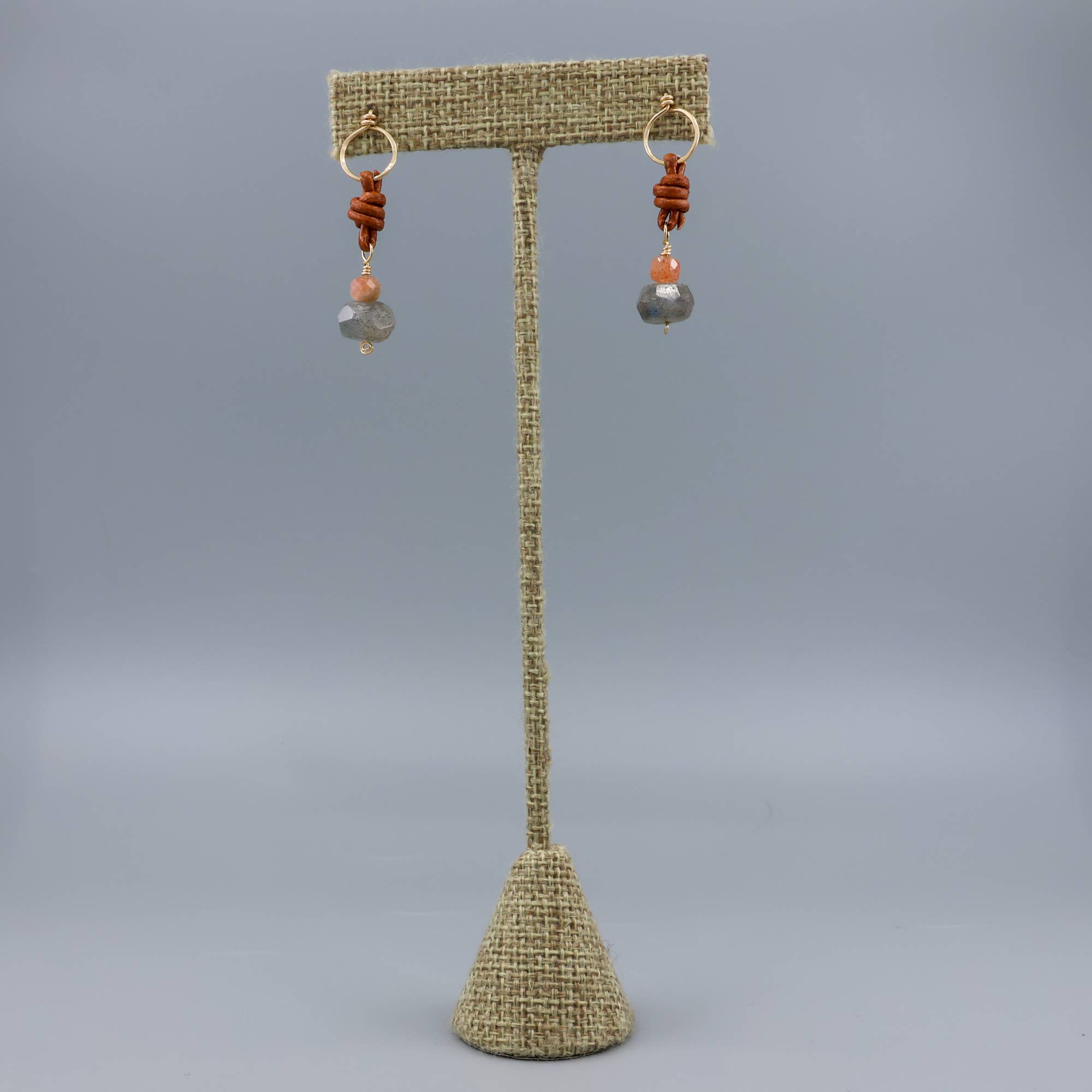 The Stitch Alliance - Wholesale Dangle Earrings - Labradorite & Sunstone Drop Earrings 14k Gold Fill Leather7