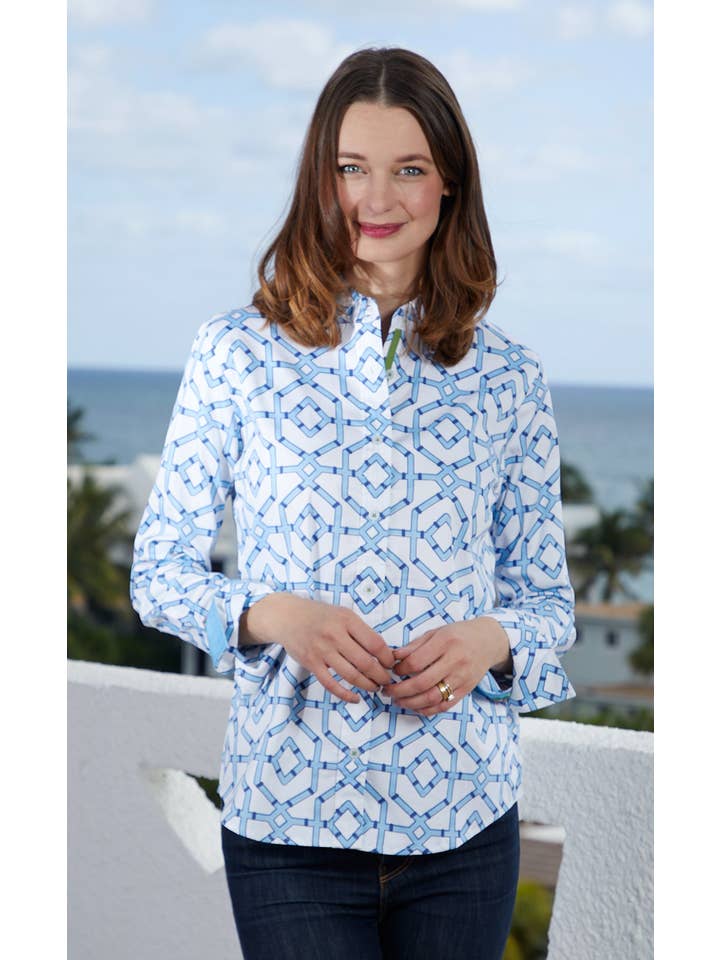Dizzy-Lizzie - Wholesale Button Down Shirt - Women's - Rome Shirt Blue White Wicker Print