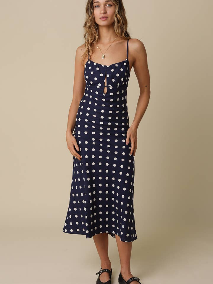 Clara Polka Dot Maxikleid mit offenem Rücken für den Großhandel von Olivaceous