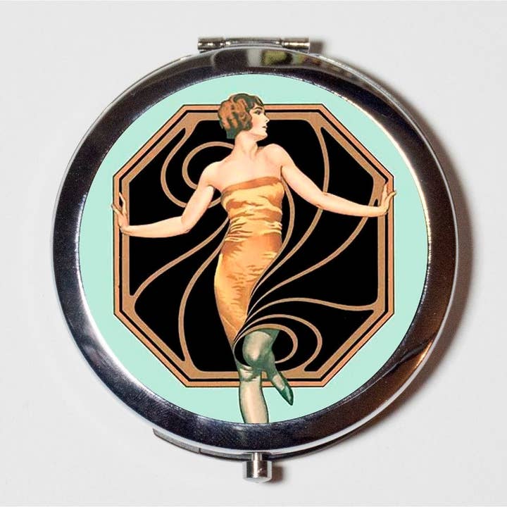 Art Deco Flapper Compact Mirror - 1920's Jazz Age Roaring 20s Portrait Elegant - Make Up Pocket Mirror for Cosmetics for wholesale by FringePop