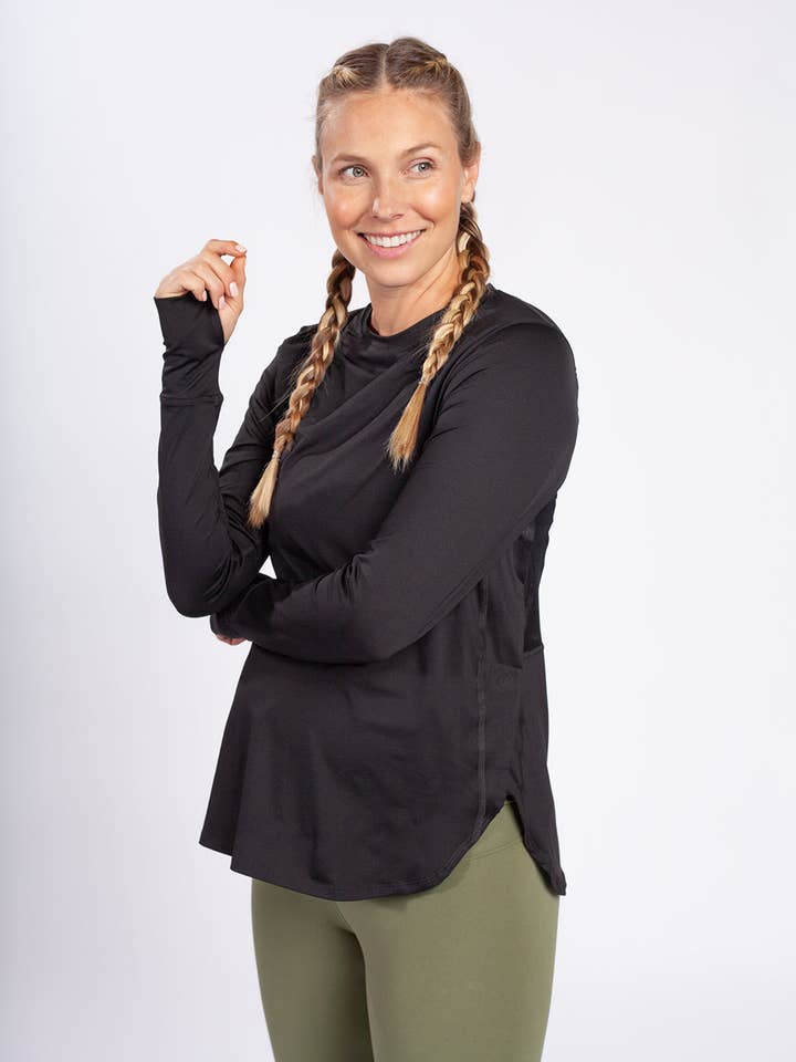 Marathon Long Sleeve Shirt – Maternity Layer with Magnetic Nursing Access | Breathable Mesh & Thumbholes for wholesale by duoFIT Maternity Activewear