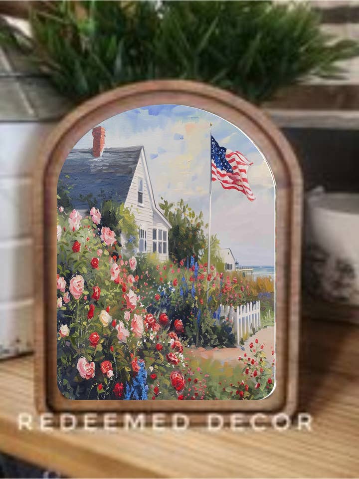 Arch Top Patriotic Beach House Framed Art for wholesale by Redeemed Decor