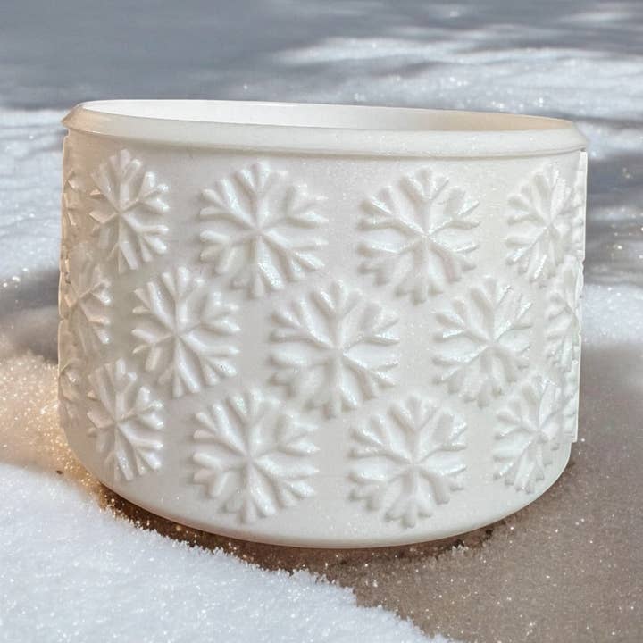 White Shimmer SNOWFLAKE Silicone Tumbler Boot for wholesale by Olive Lane Accessories