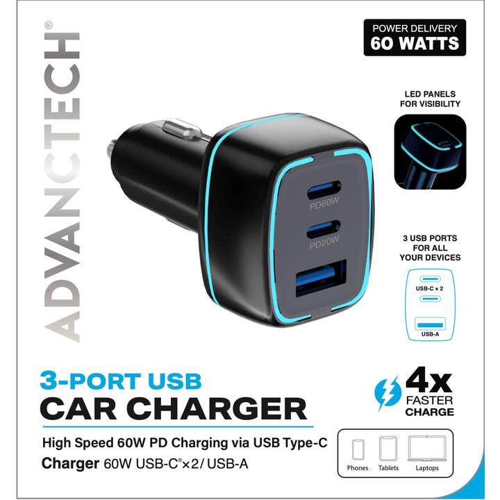 M&S Distributions Corp - Wholesale Power Adapter - 60W 3-Port Car Charger – Dual PD USB-C + USB-A