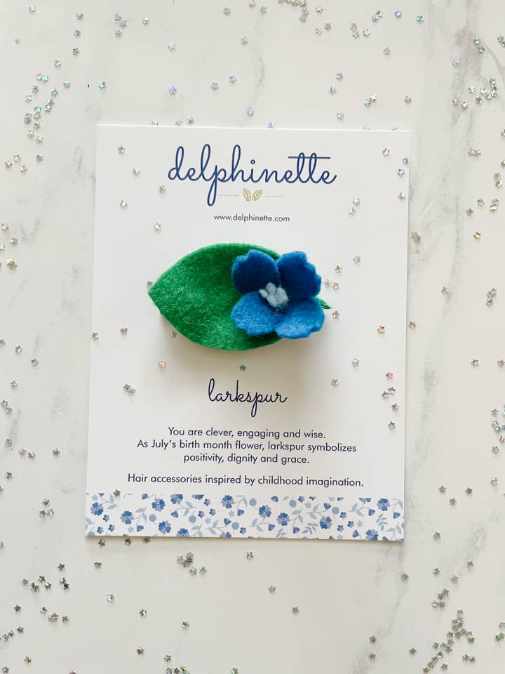 Larkspur Hair Clip l July Birth Month Flower for wholesale by delphinette