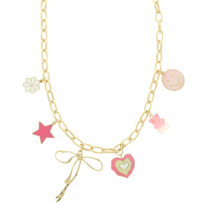 SP Sophia Collection - Wholesale Pendant/Charm Necklace - Pink Theme Enamel Multi-Charm Necklace
