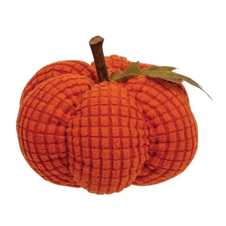 Col House Designs - Wholesale Decorative Tabletop Object - Stuffed Waffle Weave Orange Pumpkin w/Stick Stem, Small