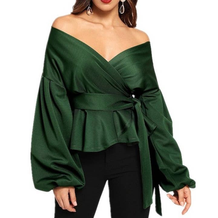 FurDecoration - Wholesale Blouse - Women's - Solid Color Off-Shoulder Lantern Sleeve Bow-Tie Waist Shirt3