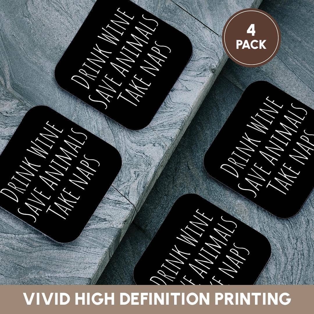 3dRose - Wholesale Coasters - 3dRose, Drink Wine Save Animals Take Naps. Thin white letters on black., Coaster12