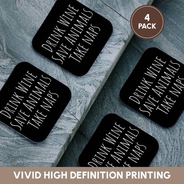 3dRose - Wholesale Coasters - 3dRose, Drink Wine Save Animals Take Naps. Thin white letters on black., Coaster12