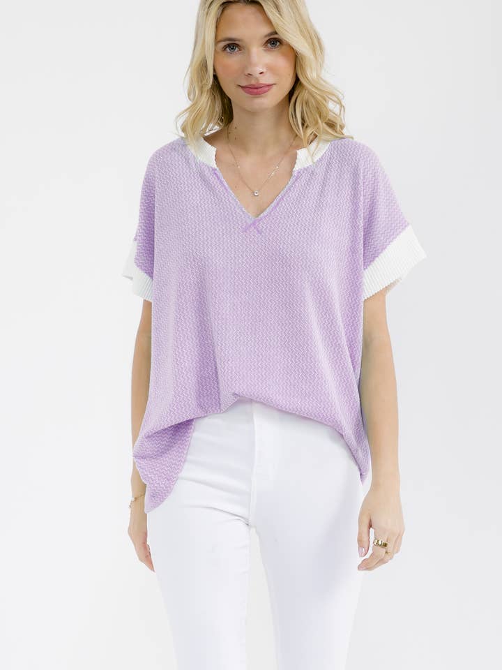 Open Knit Split V Neckline Short Sleeve Top T6213 for wholesale by 7th Ray