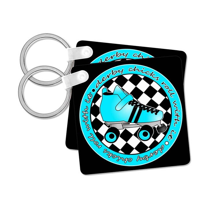 3dRose - Wholesale Keychain – Unisex - 3dRose, Derby Chicks Roll With It Aqua Blue Roller Skate and White, Key Chain0