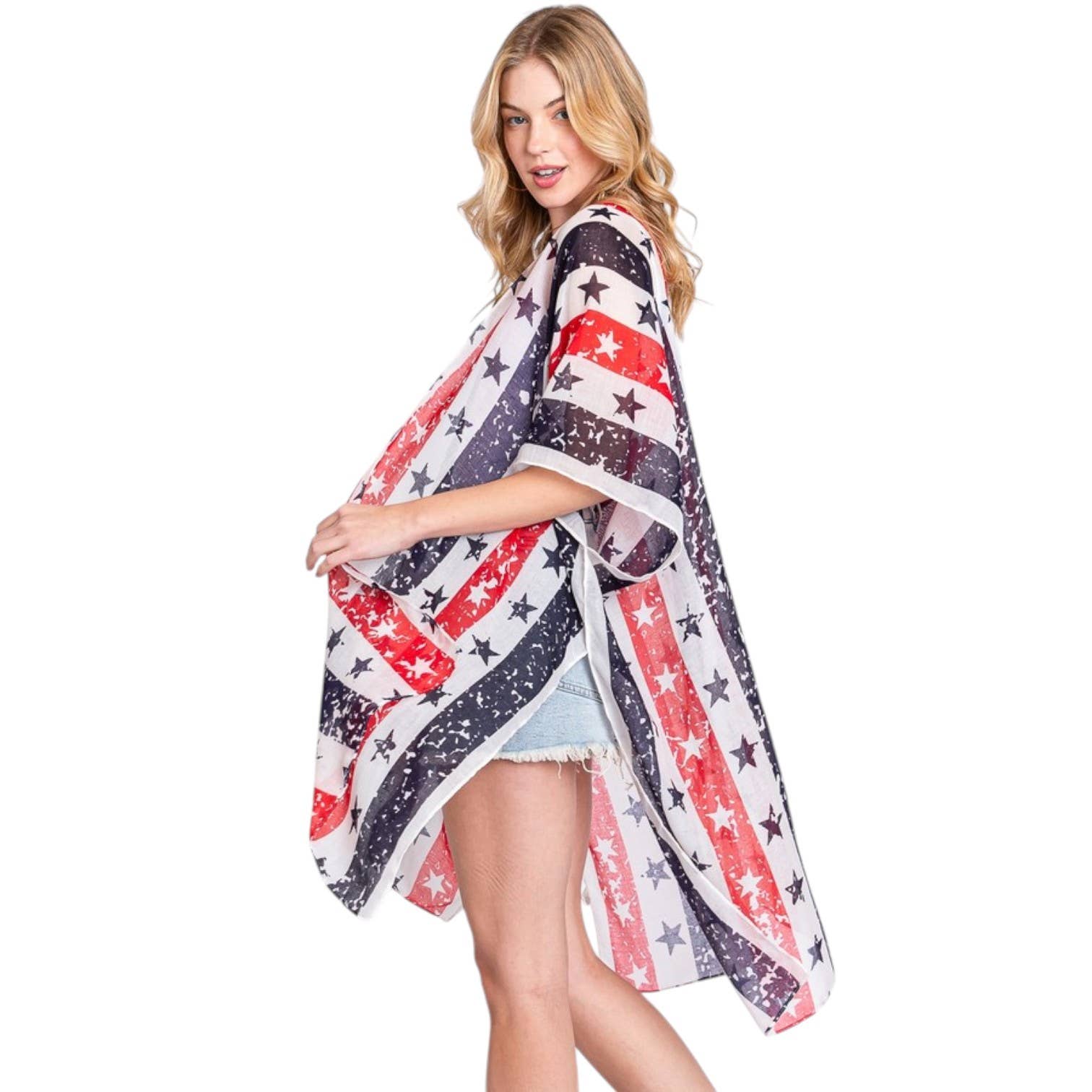 LA Jewelry Plaza - Wholesale Kimono - Women's - Distressed American Flag Mix Printed Light Weight Kimono1