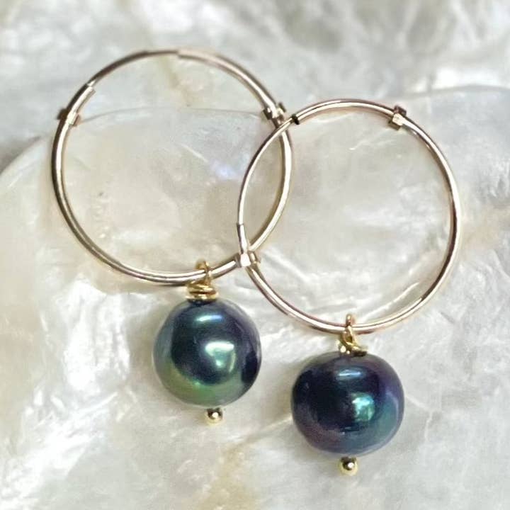 Classic Peacock Pearl Hoop Earrings for wholesale by Driftwood Dreams Hawai'i