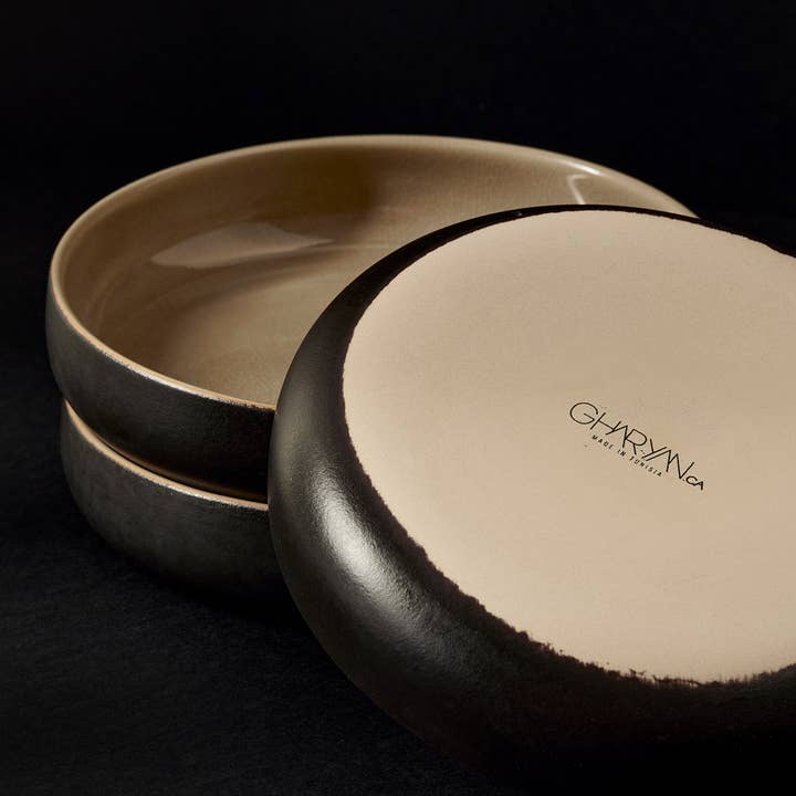 GHARYAN Stoneware & Olive Wood Tableware | Ships from USA - Wholesale Salad Plate - Handmade Stoneware Pasta/Salad Plate | Edan 7.9"10