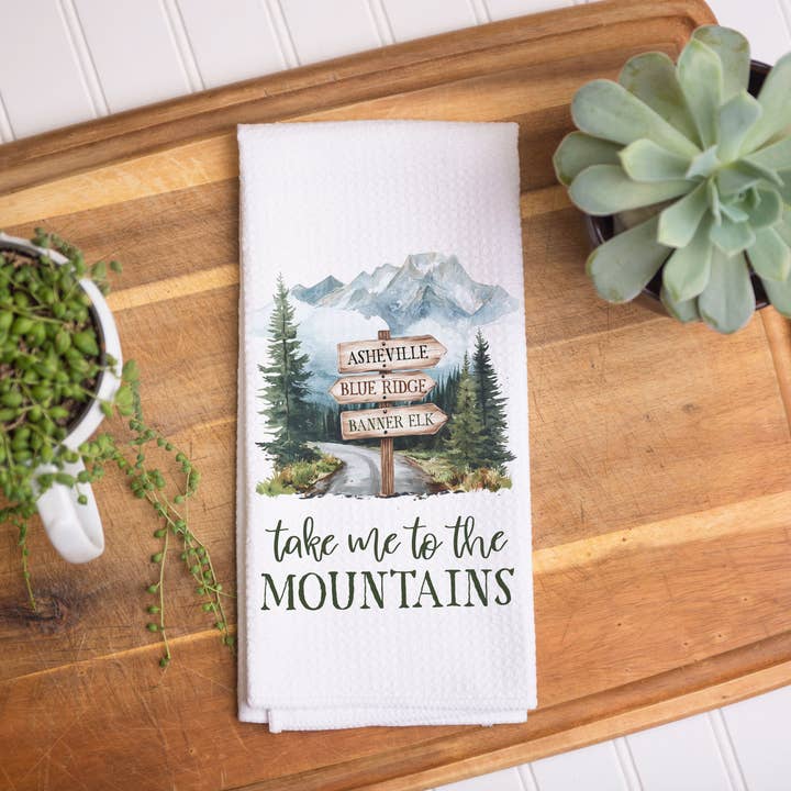 Custom Pick 3 Mountain Sign Kitchen Towel Hiking Cabin for wholesale by Canary Road
