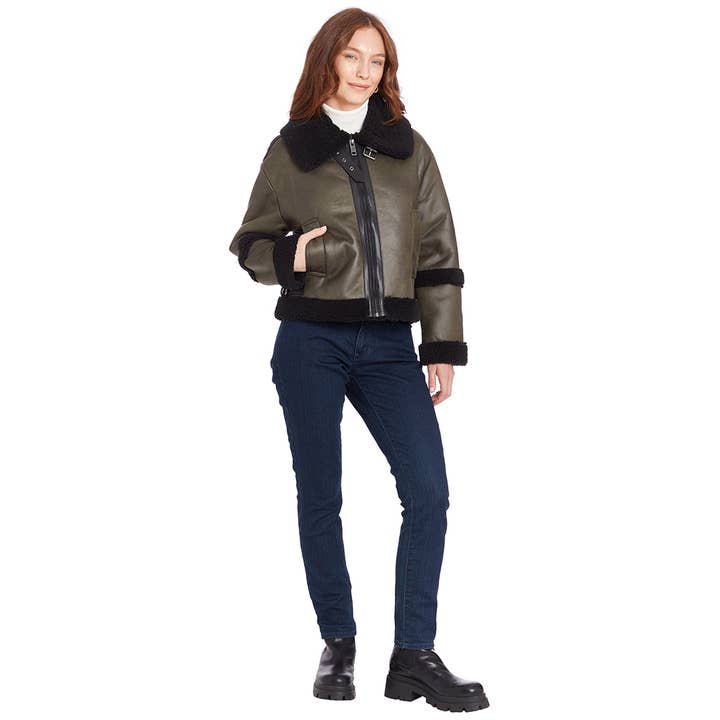 Olive Faux Shearling Bomber Jacket with Zipper and Spread Collar for wholesale on Faire