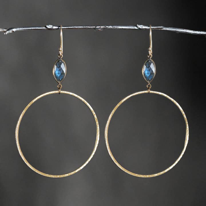 Large Brushed Gold Hoops w/ Semi Precious Gemstones for wholesale by KBD Studio