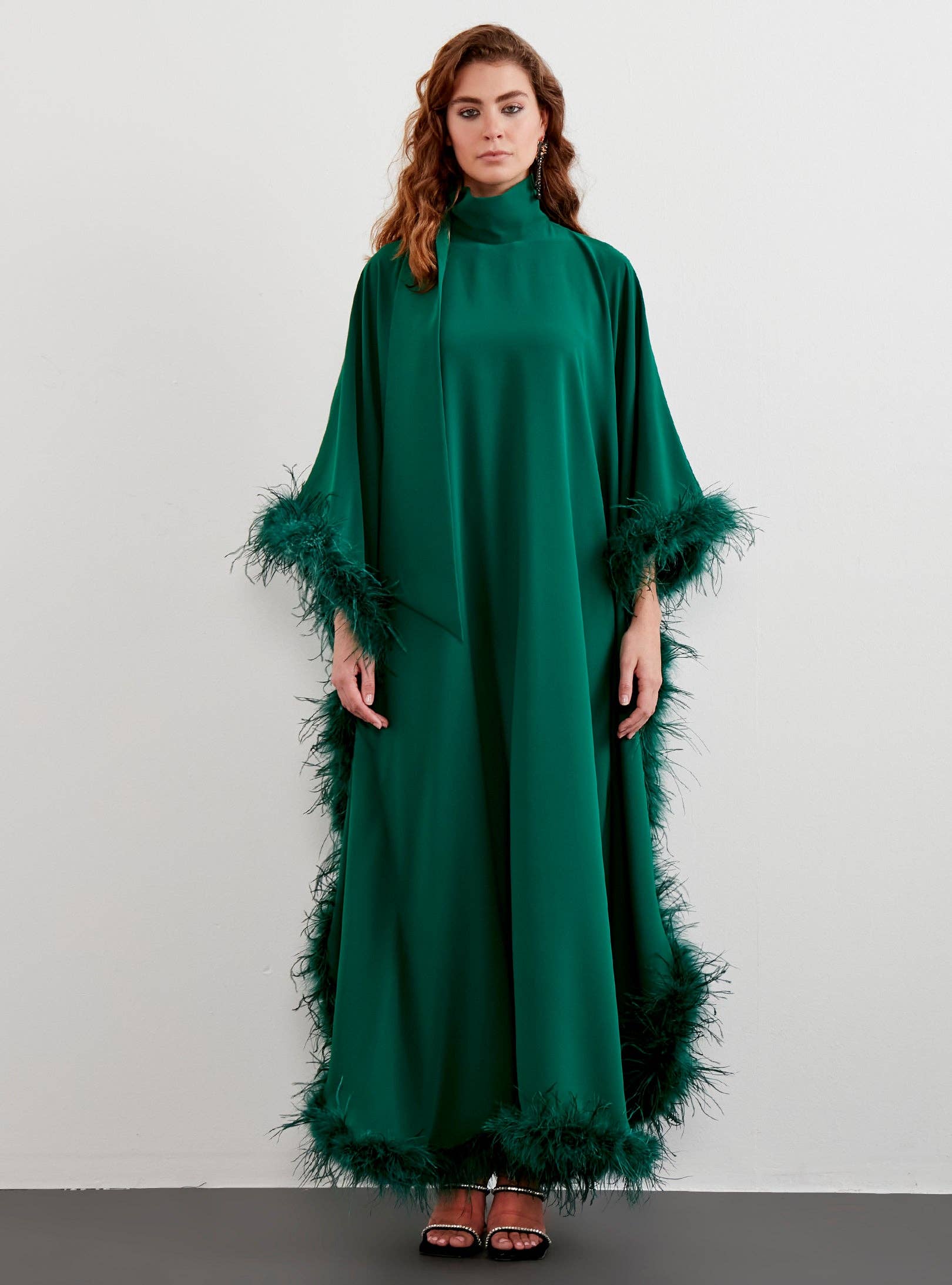 Store WF – wholesale Kaftan – Women's – Feather Trimmed Emerald Kaftan Dress7