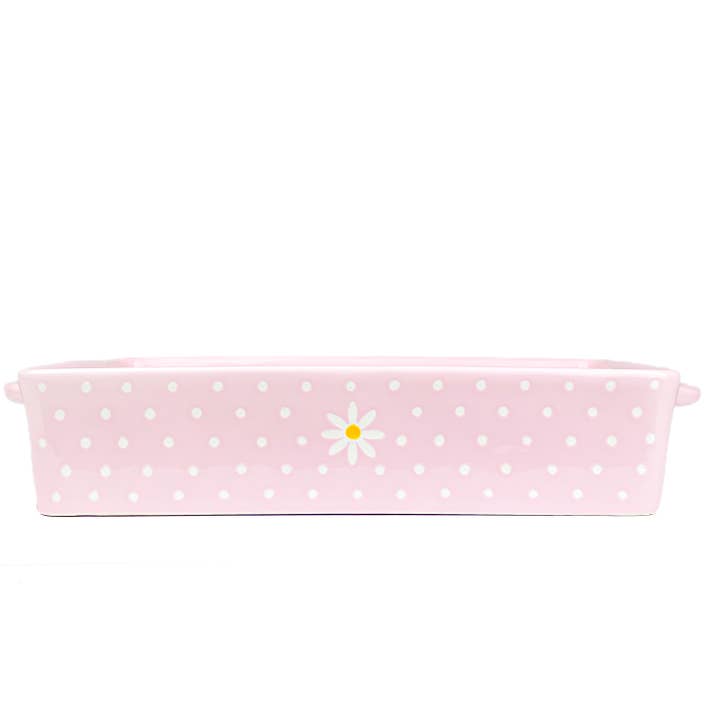 Daisy Polka Dot Rectangular Baker, Pink for wholesale by 10 Strawberry Street