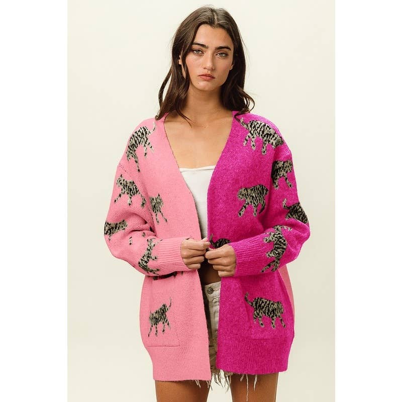 IVE - Vente Cardigan – femme - CARDIGAN À COL EN V À MOTIF TIGRE ET POCHES PLAQUÉES6