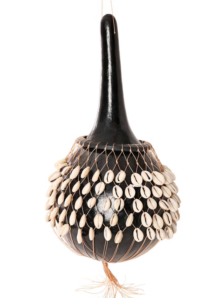Large Black Calabash Gourd and Cowrie Shell Shekere for wholesale by Swahili | AFRICAN MODERN