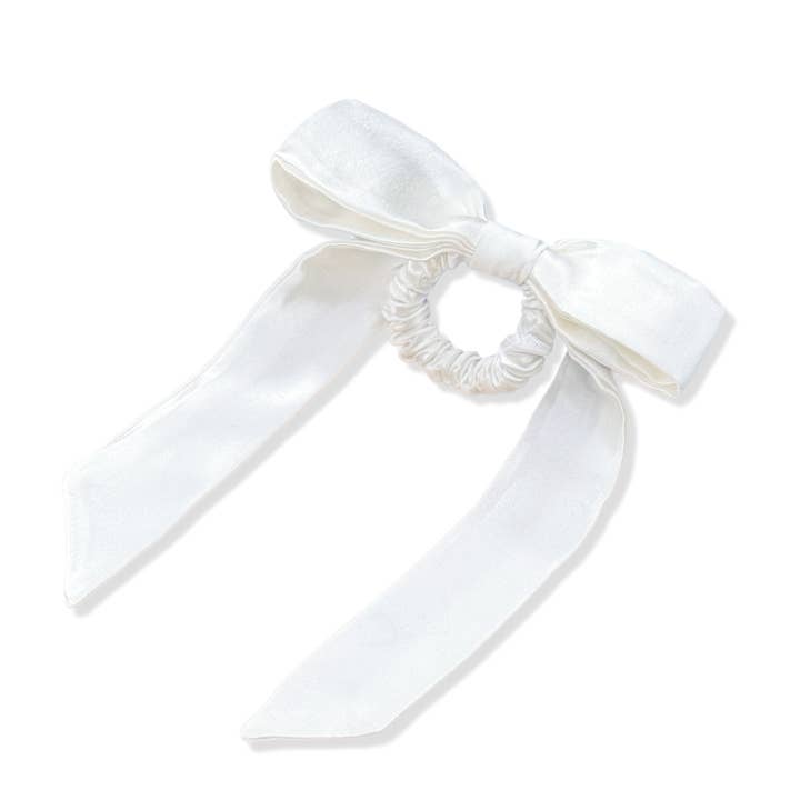 Mulberry Silk Skinny Bow Scrunchie - White for wholesale by HoneyLux