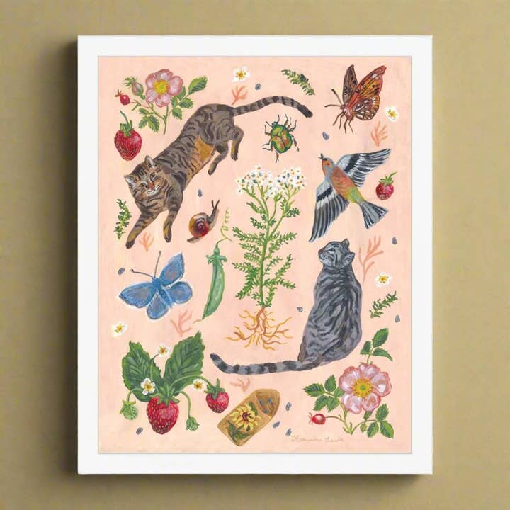 Impression encadrée d'illustration de jardin de chat pour la vente par Ingrid Press