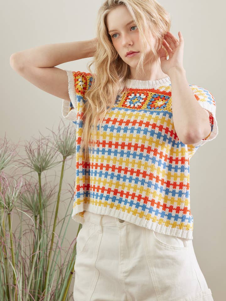 Striped Crochet Short Sleeve Cropped Knit Top for wholesale by Mello.