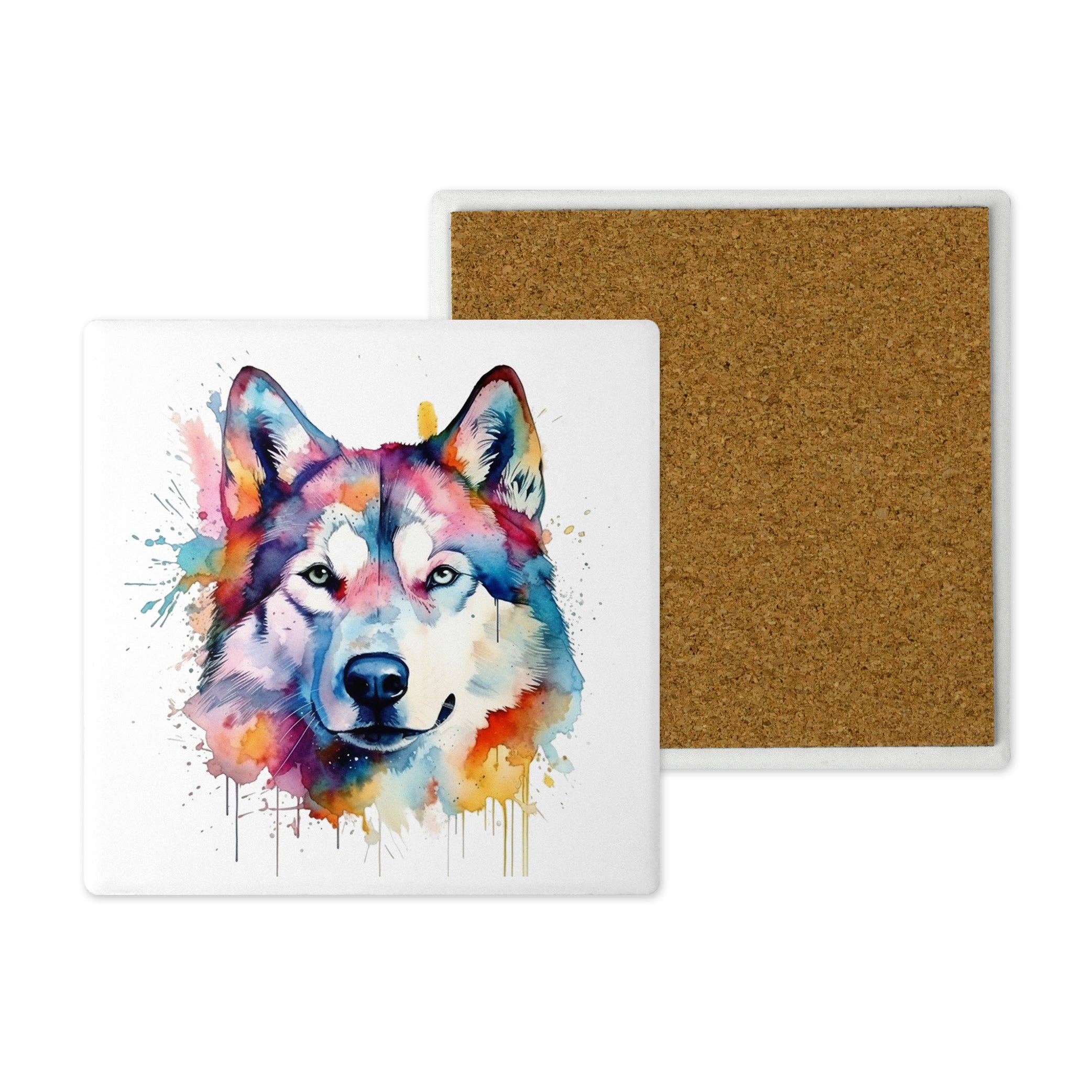 Noble & Page - Vente Sous-verre - Dessous de verre en céramique avec motif husky imprimé à la main 10x10cm0