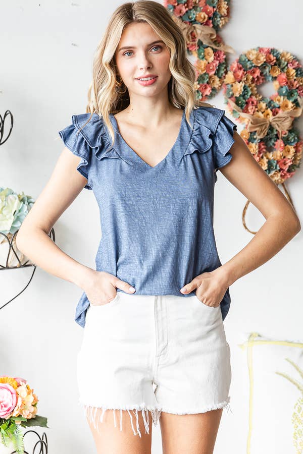 7th Ray - Vendita all'ingrosso Camicetta - Donna - Top a doppia balza a forma di V in misto cotone solido T547414