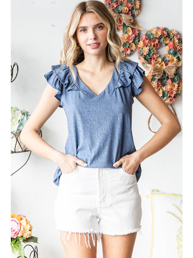 7th Ray - Vendita all'ingrosso Camicetta - Donna - Top a doppia balza a forma di V in misto cotone solido T547414