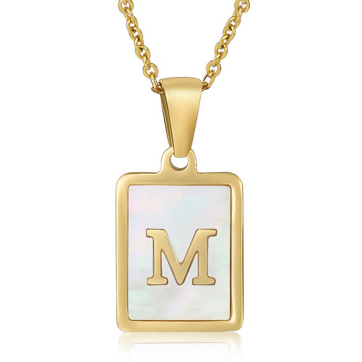 NINEXIS - Wholesale Pendant/Charm Necklace - CWAJE1917_Square Stainless Steel White Shell Letter Necklace13