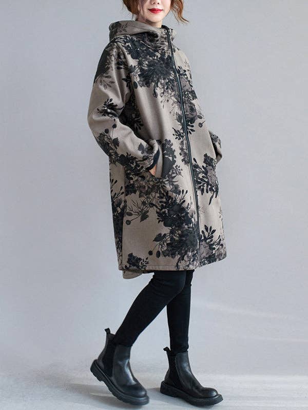 SAME AS PICTURE Artistic Retro Loose Floral Printed Hooded Long Sleeves Outwear for wholesale on Faire6