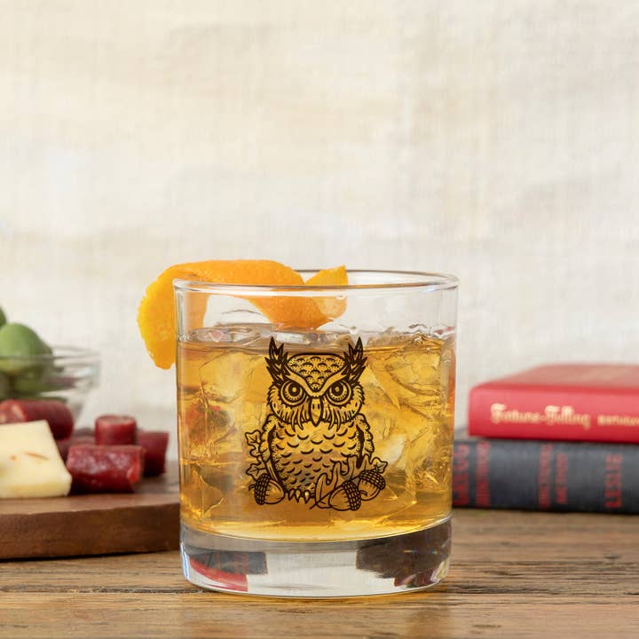 Two Little Fruits - Wholesale Cocktail/Liquor Glass - Owl Whiskey Glass – Hand-Printed Rocks Glass1